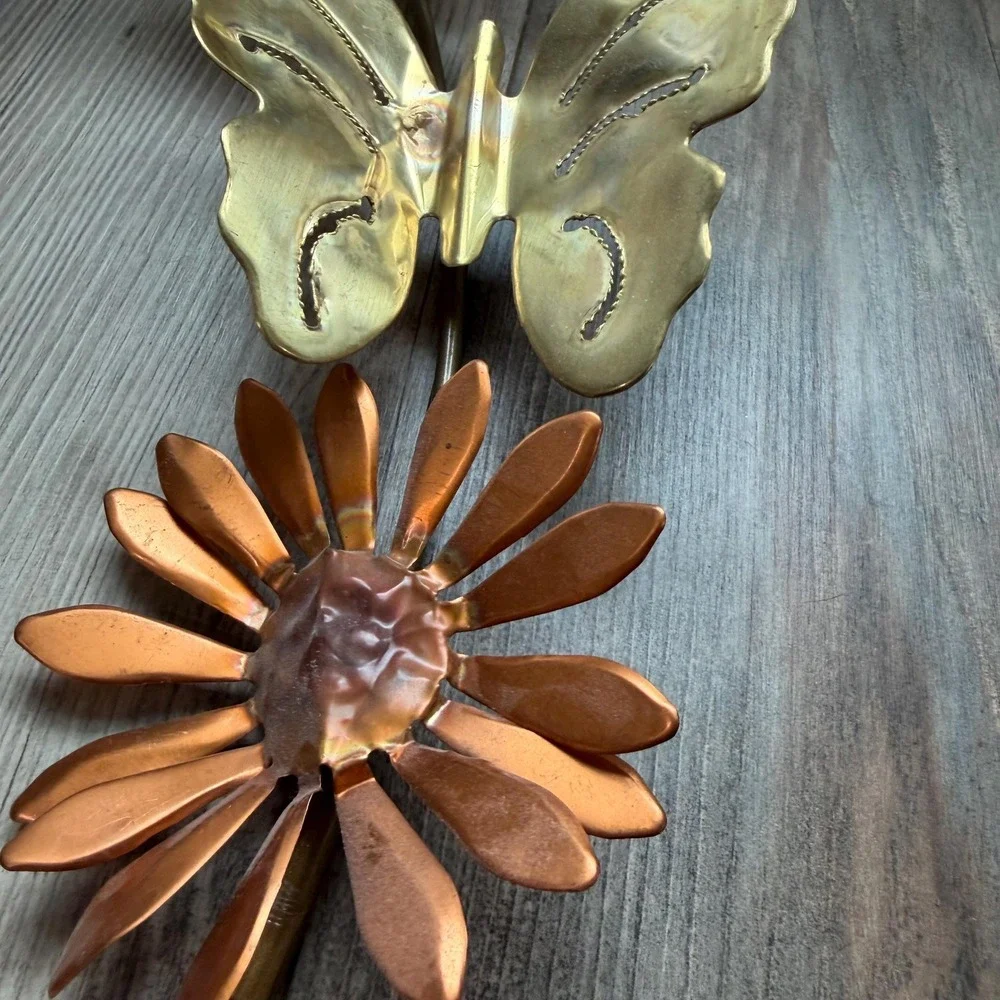 Vintage Brass Butterfly Wall Art‎ Set of 2 Copper Flowers 1970s